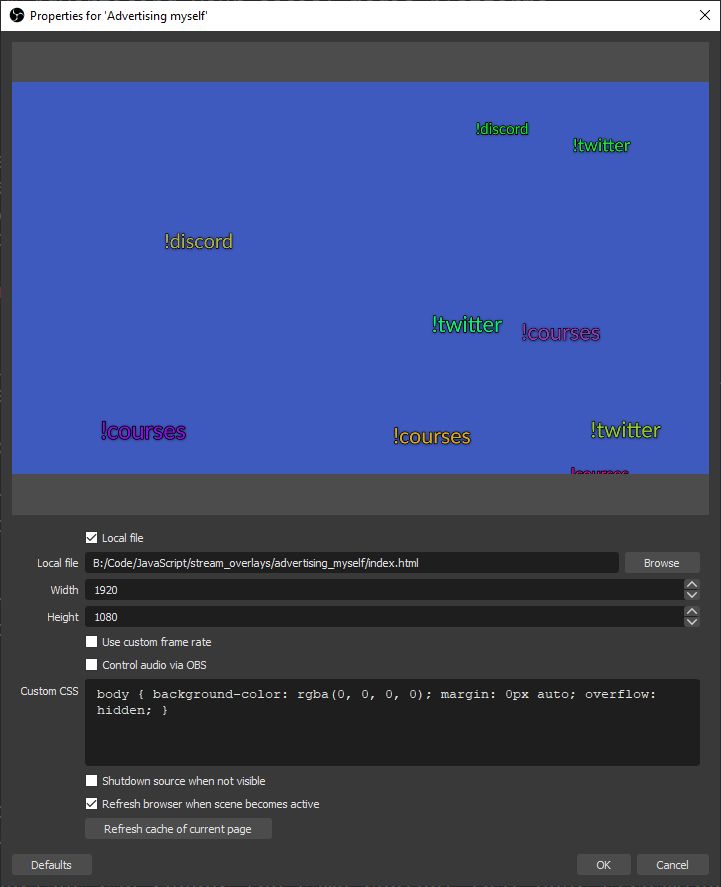 Customizing the browser source in OBS